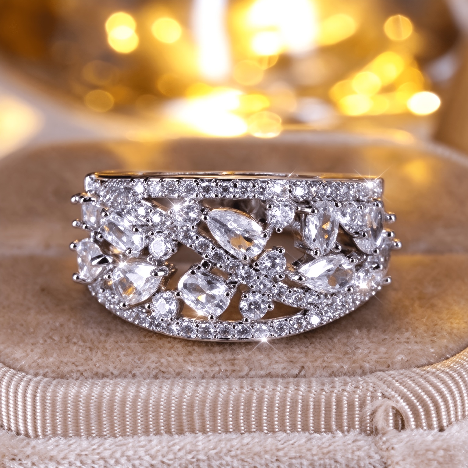 Exquisite Wide-Band Openwork Crisscross Design Ring